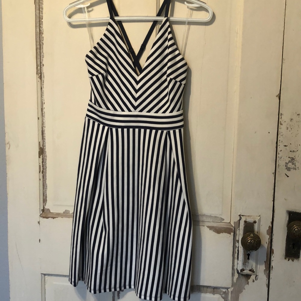 Soprano navy blue and white striped dress.